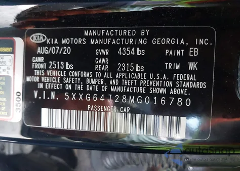 2021 Kia K5 Gt-Line из США, поврежденный, VIN 5XXG64J28MG016780